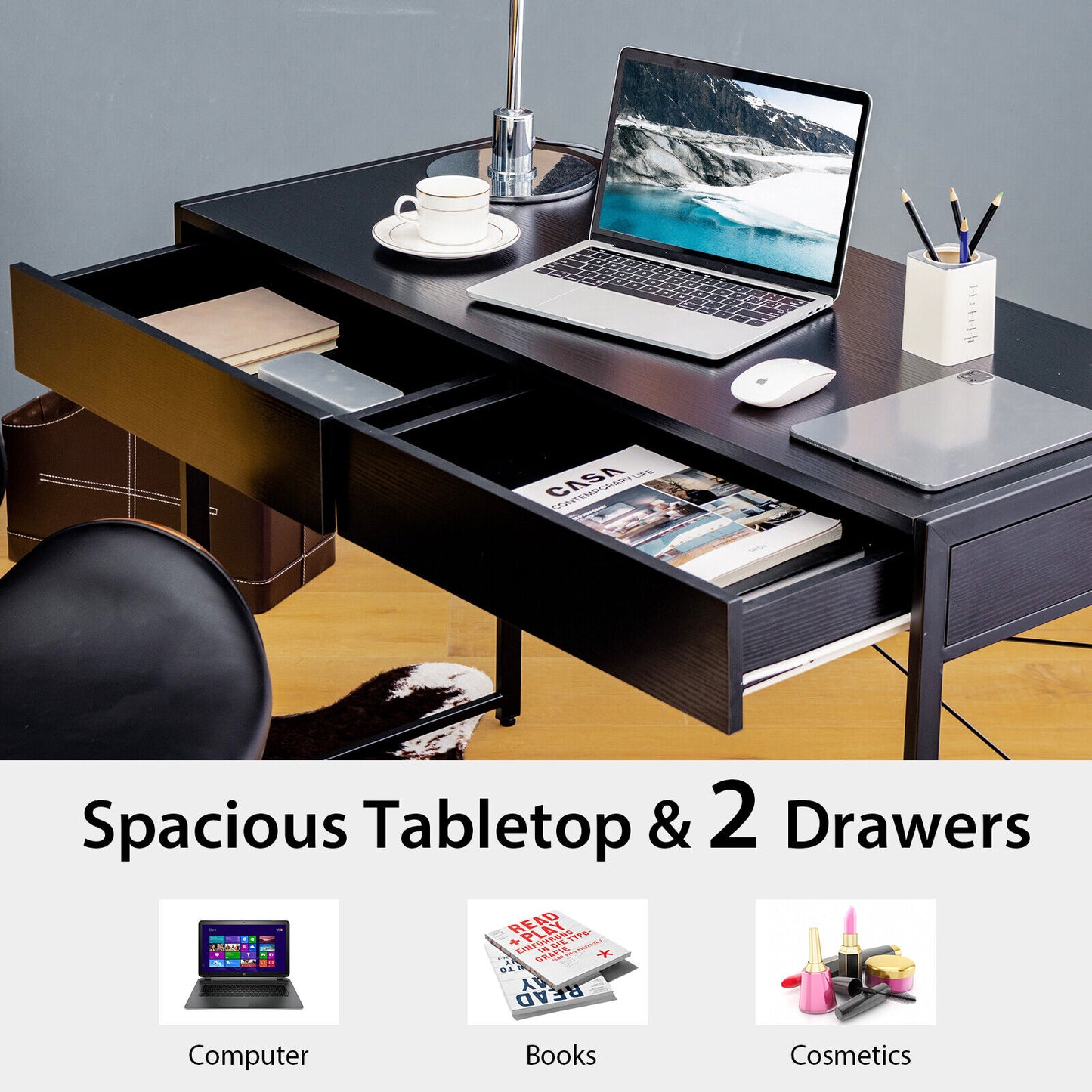 112 x 48 x 76cm Wooden Study Computer Desk with 2 Drawers-Black, Costway, 1