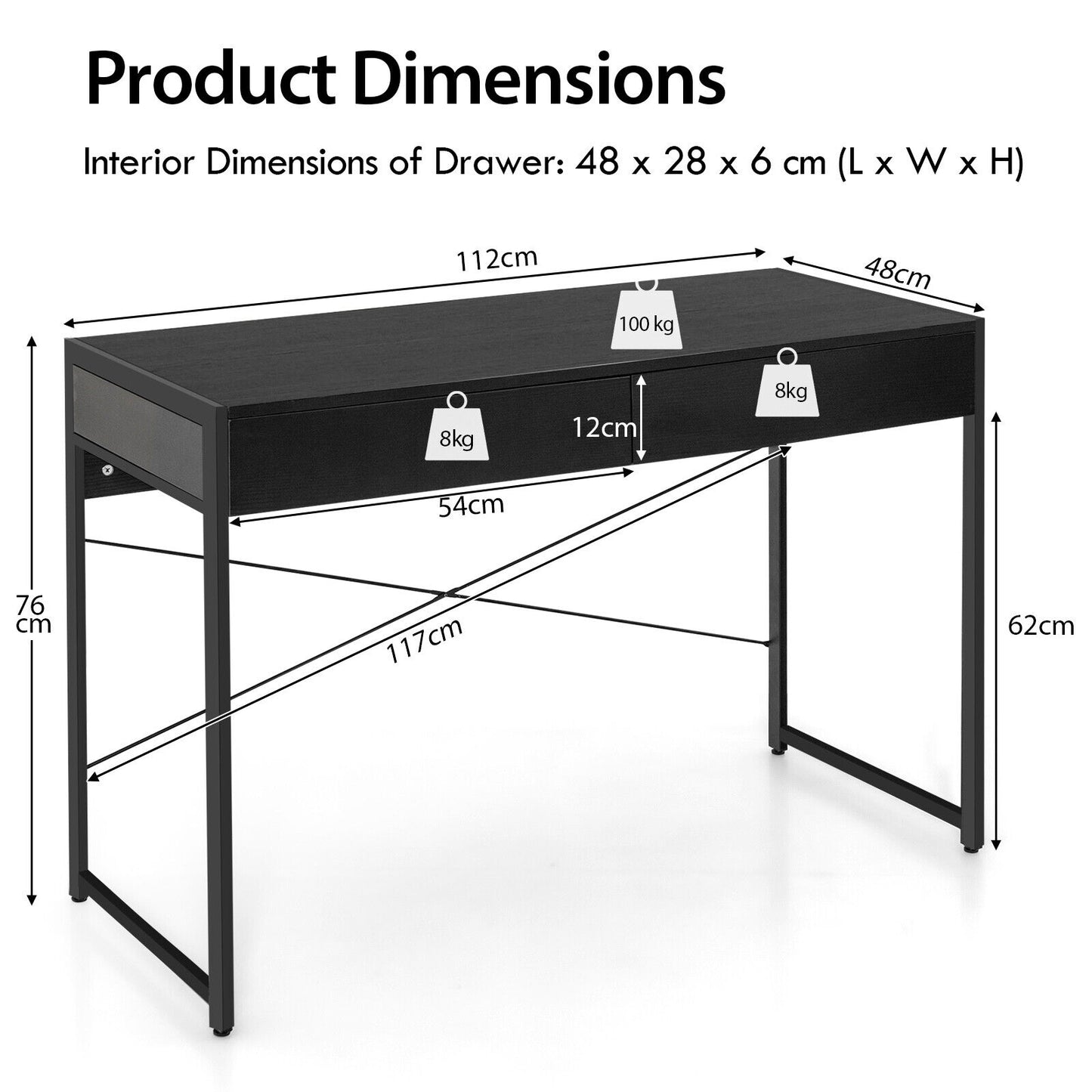 112 x 48 x 76cm Wooden Study Computer Desk with 2 Drawers-Black, Costway, 1