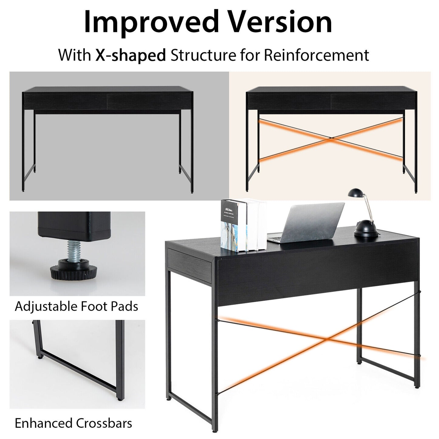 112 x 48 x 76cm Wooden Study Computer Desk with 2 Drawers-Black, Costway, 1
