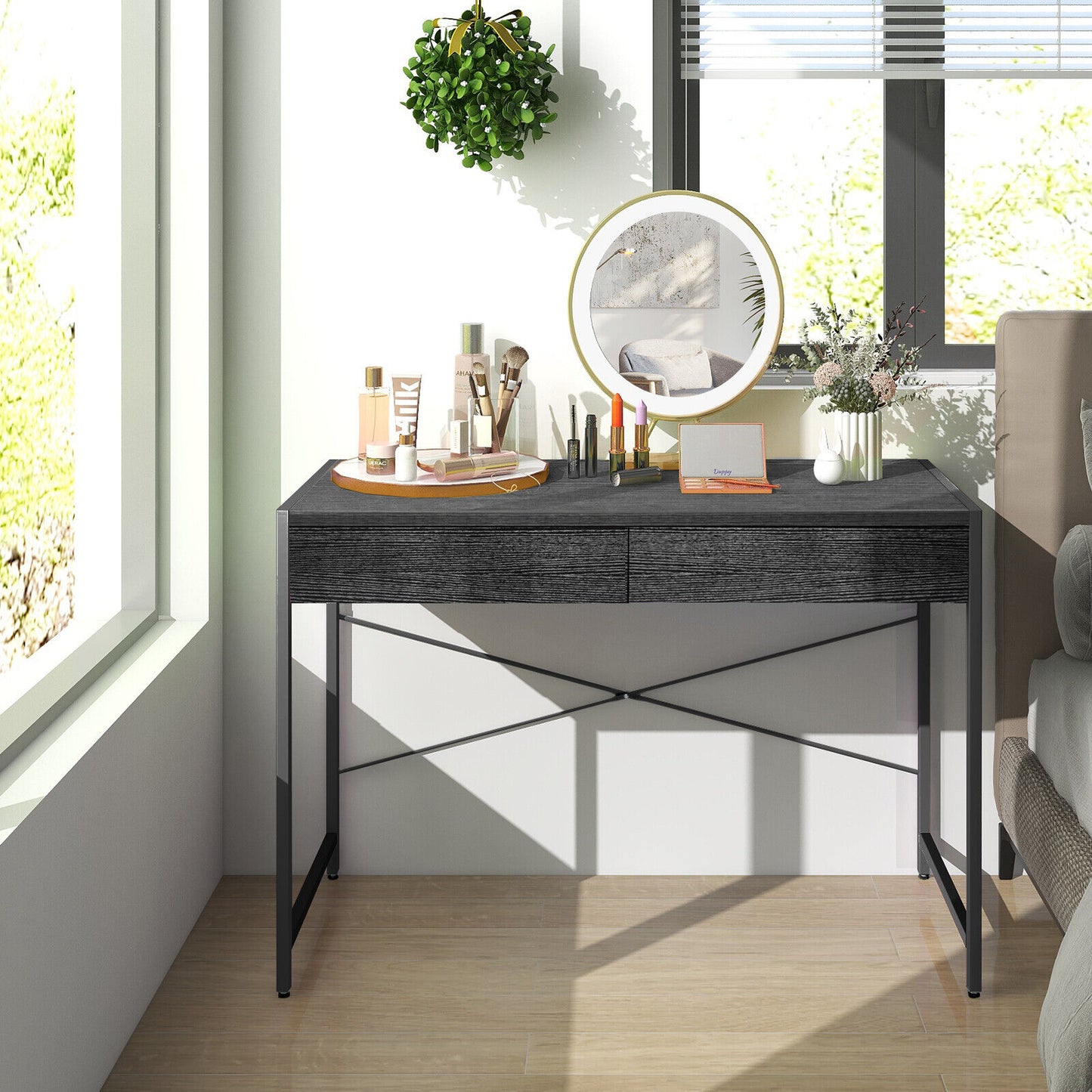 112 x 48 x 76cm Wooden Study Computer Desk with 2 Drawers-Black, Costway, 1