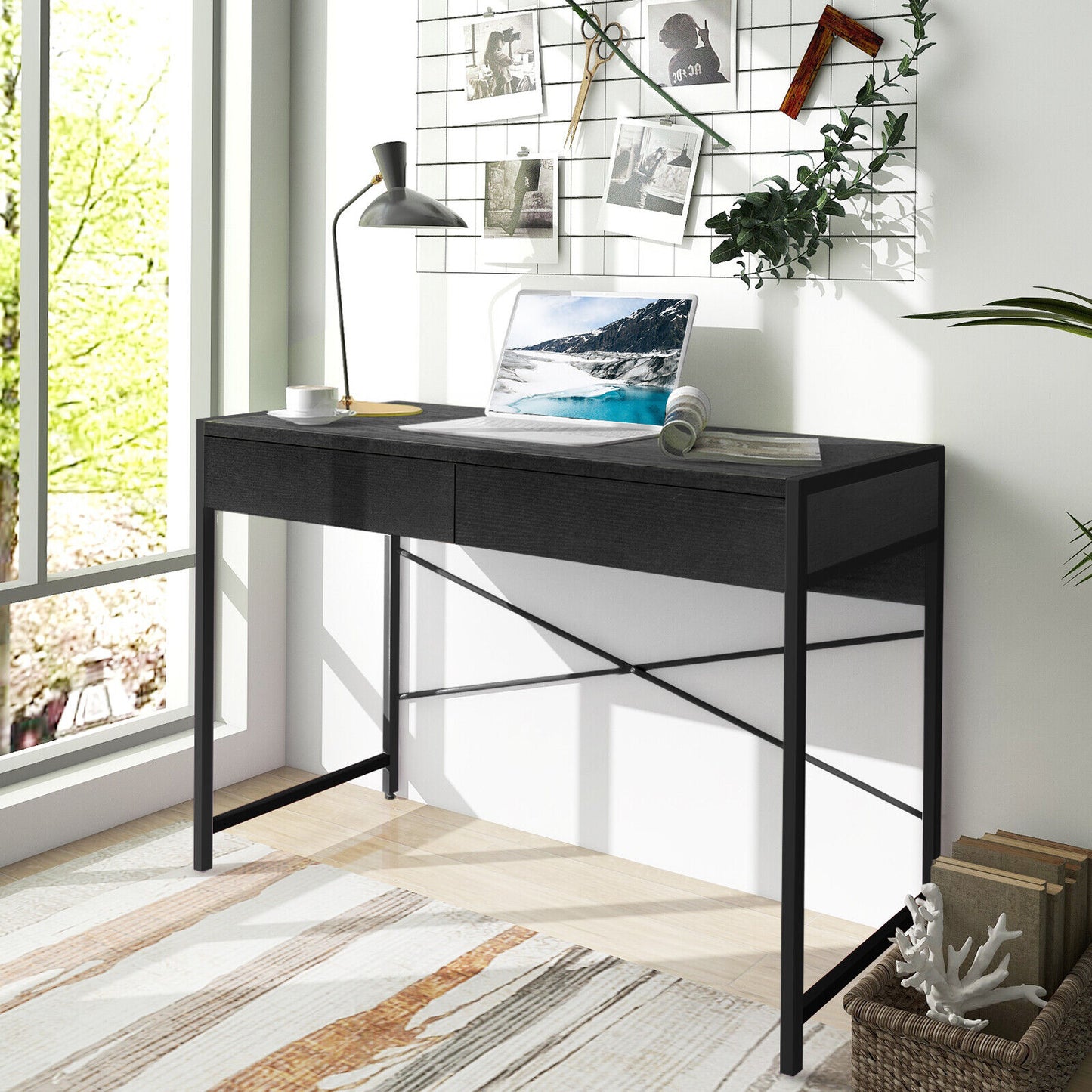 112 x 48 x 76cm Wooden Study Computer Desk with 2 Drawers-Black, Costway, 1