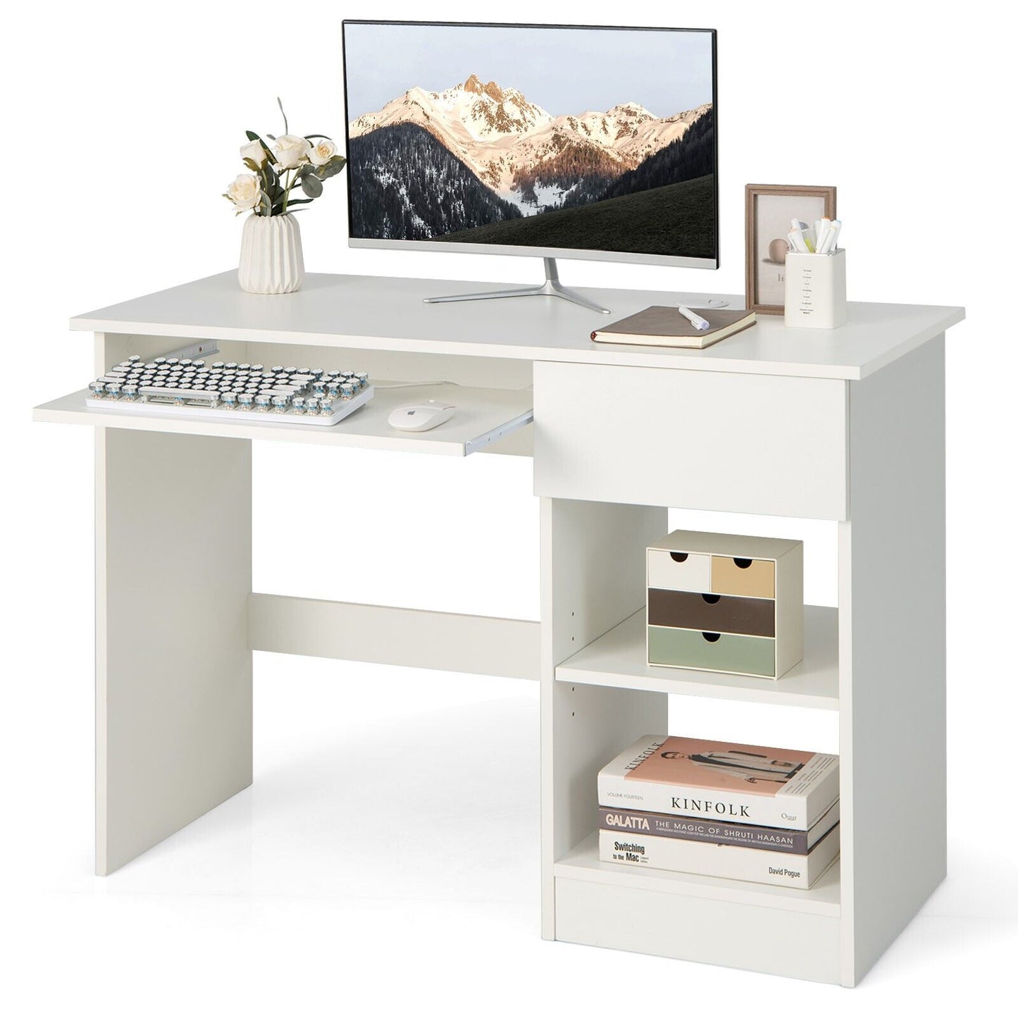 Modern Wooden Office Computer Desk with Keyboard Tray-White, Costway, 1