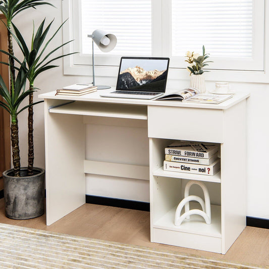 Modern Wooden Office Computer Desk with Keyboard Tray-White, Costway, 2