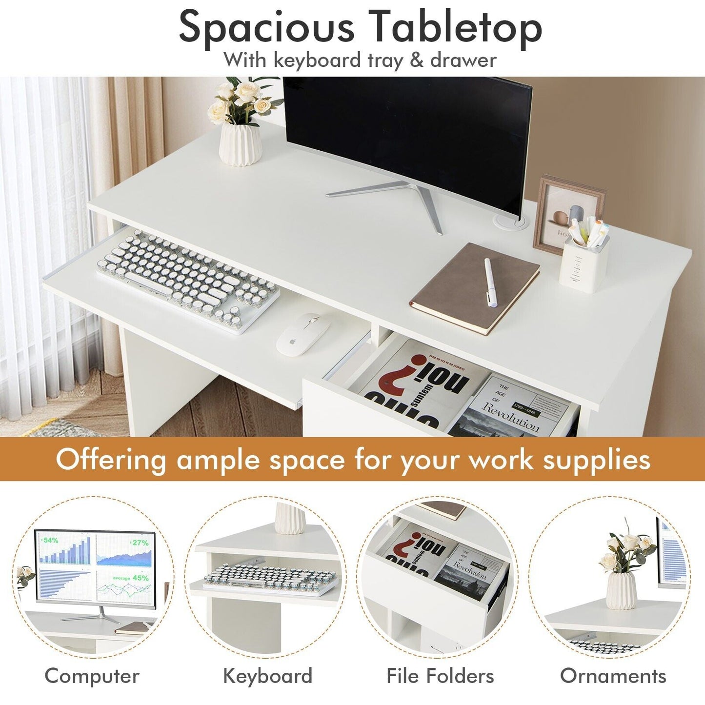Modern Wooden Office Computer Desk with Keyboard Tray-White, Costway, 5
