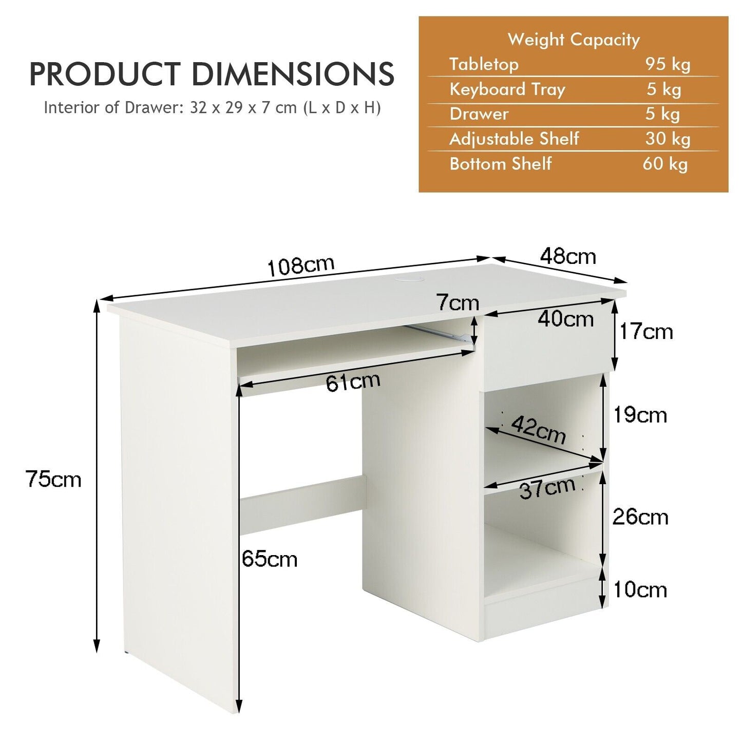 Modern Wooden Office Computer Desk with Keyboard Tray-White, Costway, 4