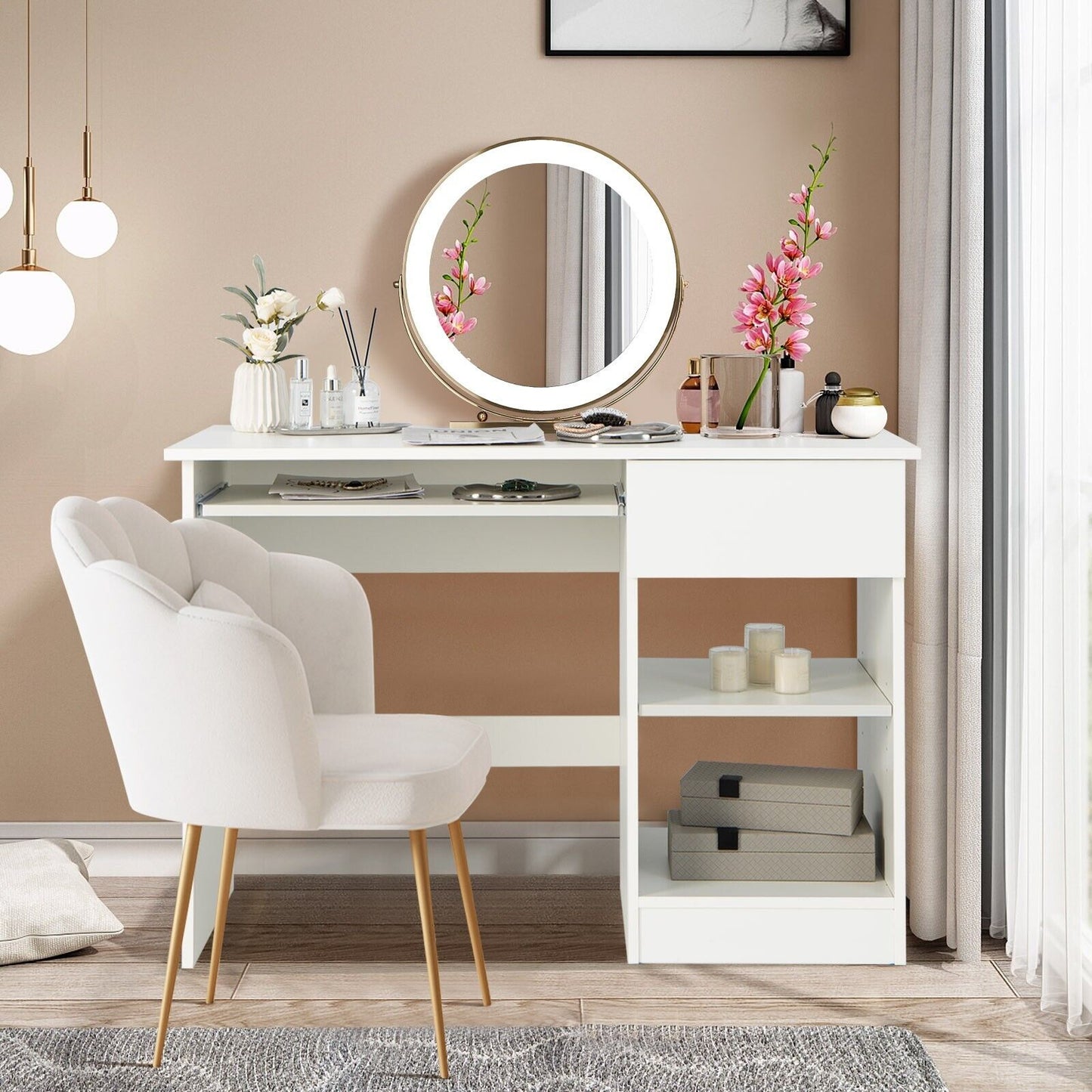 Modern Wooden Office Computer Desk with Keyboard Tray-White, Costway, 7