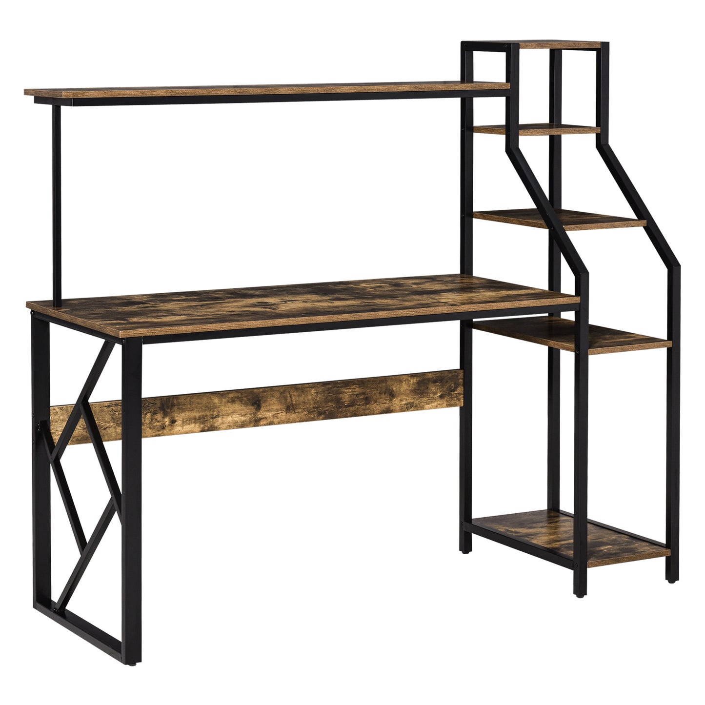Computer Desk with Bookshelf, Industrial Writing Table with 6 Tier Storage Shelves for Home Office, Bedroom, Study, 150 x 55 x 138cm, Rustic Brown, HOMCOM, 1