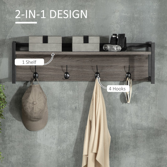 Wall Coat Rack with 4 Hooks Floating Shelf with Storage Rack for Keys, Clothes, Bags for Hallway, Entryway, 80 x 20 x 22.5 cm, Grey, HOMCOM, 4