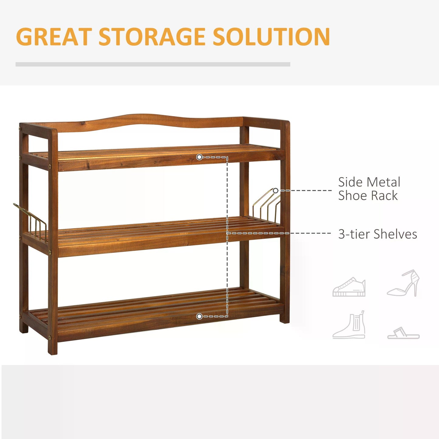 3-Tier Shoe Rack, Acacia Wooden Shoe Storage Organiser with 2 Hangers, Holds up to 12 Pairs, for Entryway, Living Room, 74 x 26 x 62 cm, Teak, HOMCOM, 4