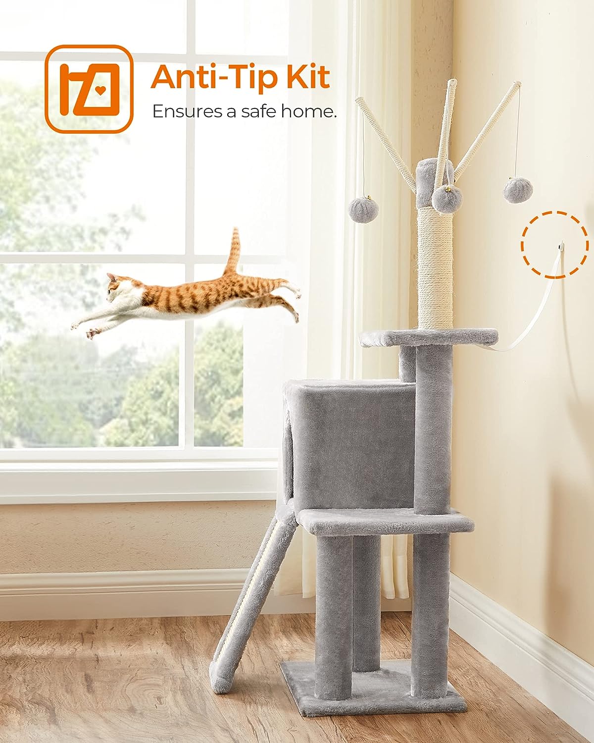 Cat Tree, Cat Tower for Indoor Cats, Cat Activity Centre, Kittens, Light Grey, FEANDREA, 3