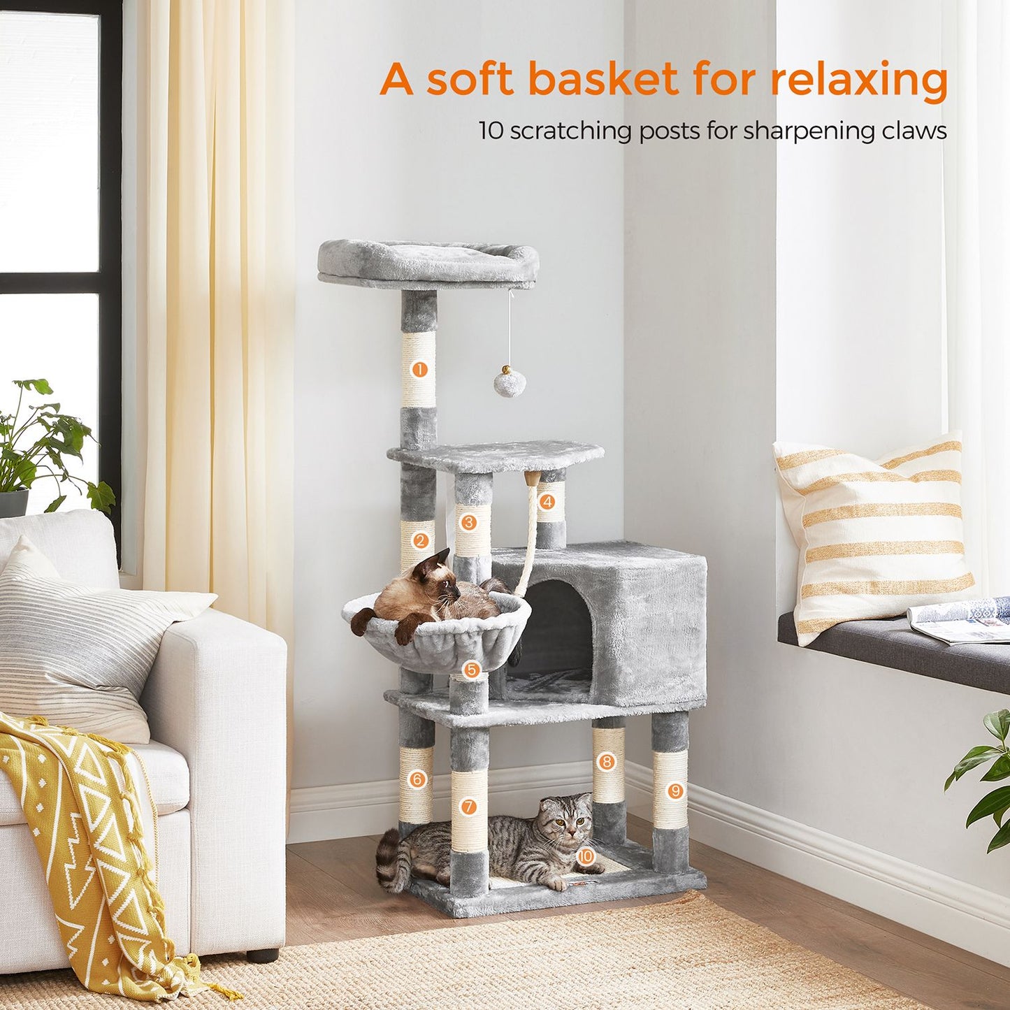 Cat Tree with Scratching Posts, Cat Tower, Kitten Furniture Activity Centre, Plush and Light Grey, FEANDREA, 4