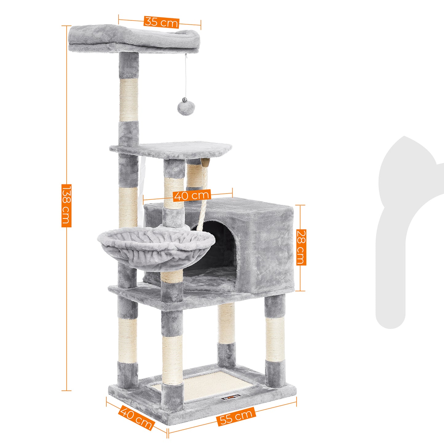 Cat Tree with Scratching Posts, Cat Tower, Kitten Furniture Activity Centre, Plush and Light Grey, FEANDREA, 7