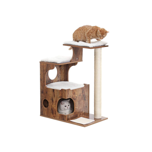 89 cm, Cat Tree, Medium Cat Tower with 3 Beds, Cat Activity Centre, Cat Condo Made, Rustic Brown and White, FEANDREA, 1