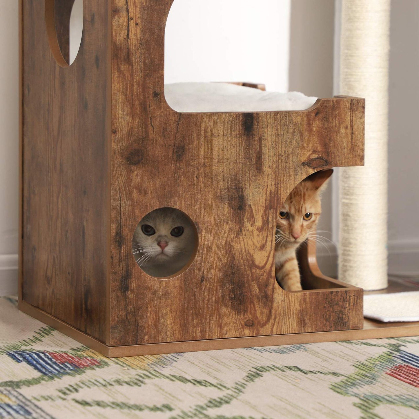 90 cm, Cat Tree, Medium Cat Tower with 3 Beds, Cat Activity Centre, Cat Condo Made, Rustic Brown and White, FEANDREA, 1