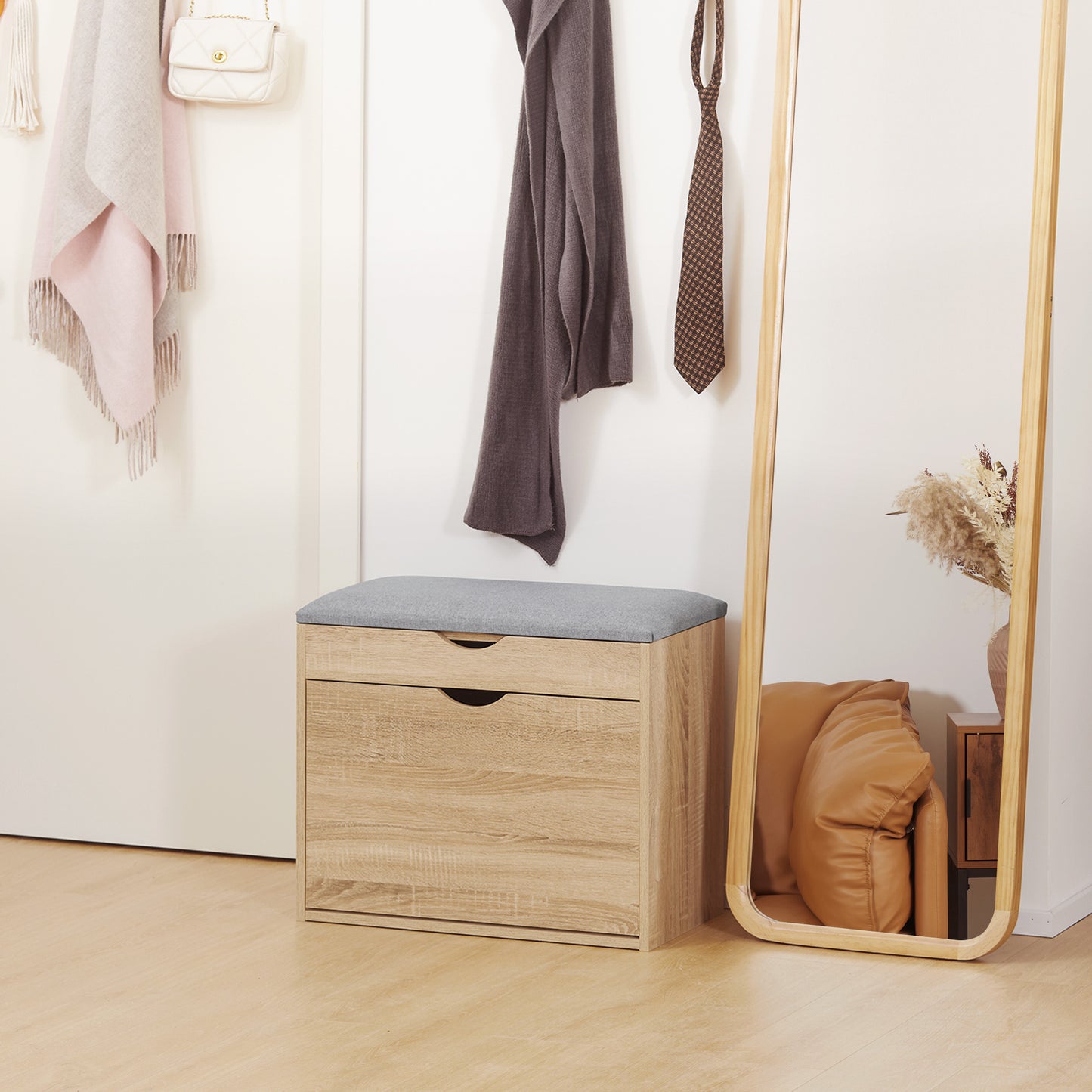 Shoe Bench with Cushion for 4 Pair of Shoes, Storage Bench with Padded Seat, Flip-up Cabinet and Hidden Space for Entryway, Natural, HOMCOM, 2