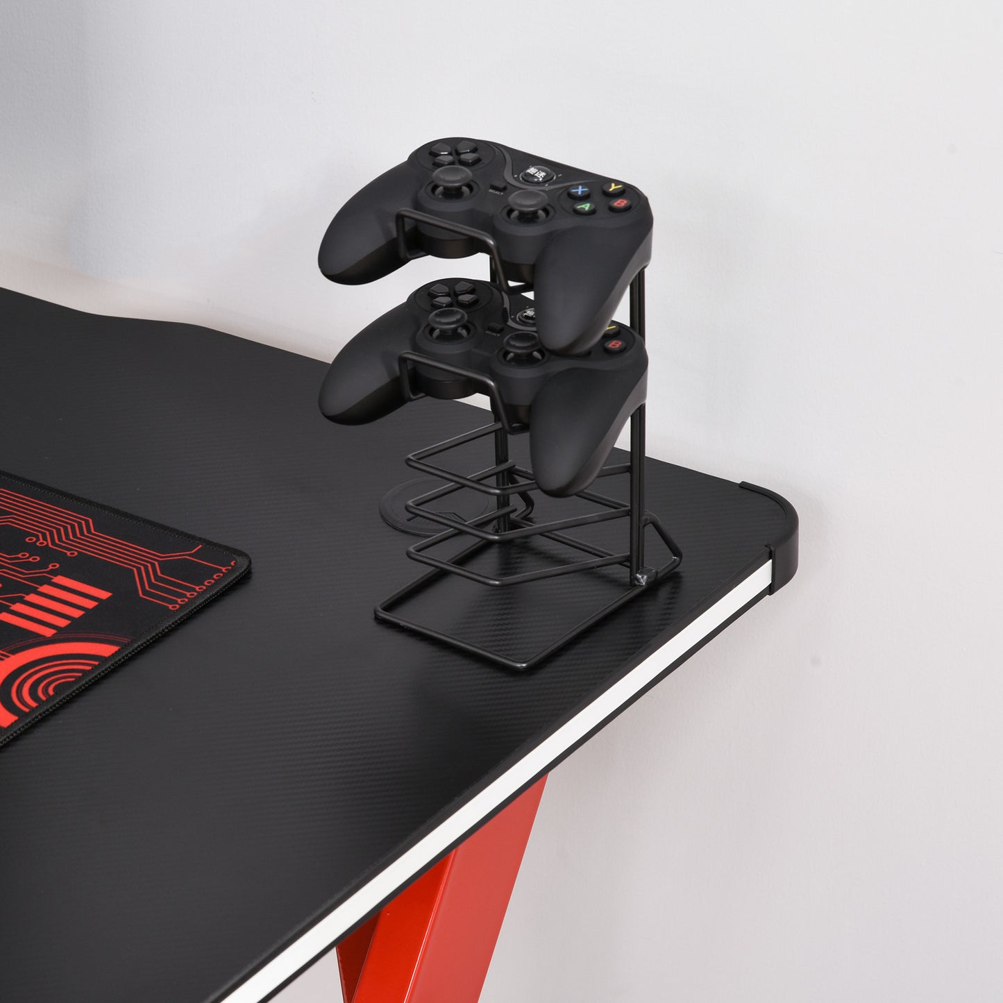 RGB 120 x 66cm Gaming Desk, Computer Table with Carbon Fibre Surface, Headphone Hook, Cup Holder, Controller Rack, Home Office Desk, Black and Red, HOMCOM, 8