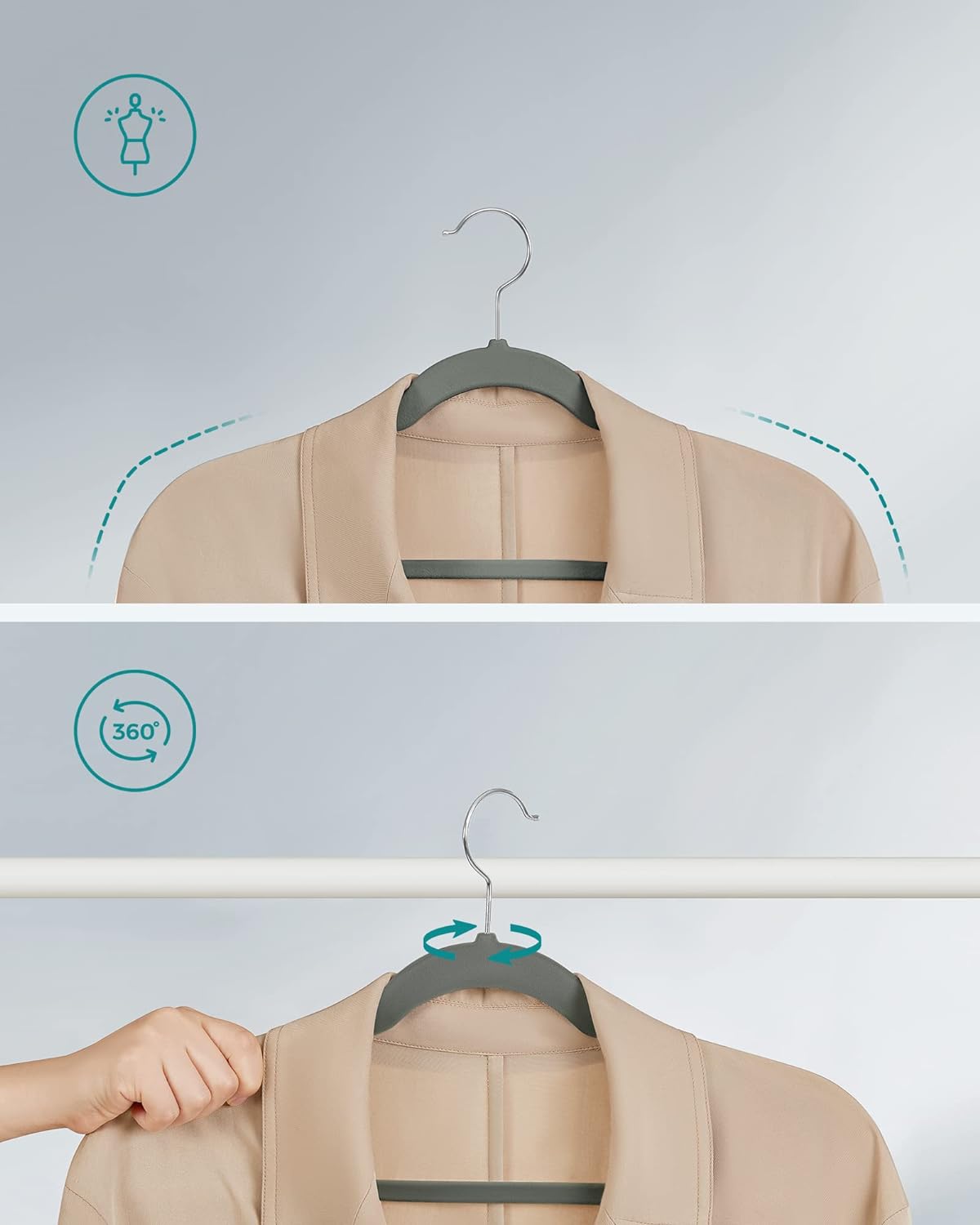 Clothes Hanger, Velvet Hanger, Coat Hanger, Non-Slip, with Shoulder Notches, Trouser Bar, 43 cm Long, Grey, SONGMICS, 6