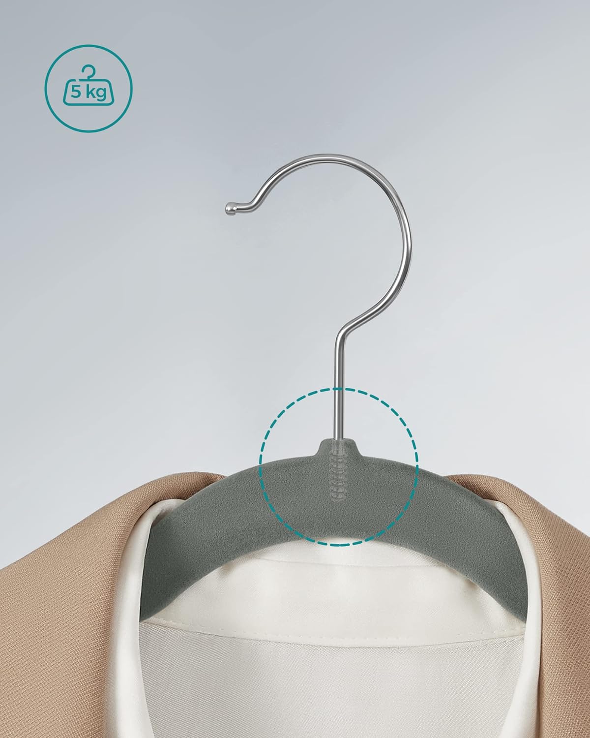 Clothes Hanger, Velvet Hanger, Coat Hanger, Non-Slip, with Shoulder Notches, Trouser Bar, 43 cm Long, Grey, SONGMICS, 5