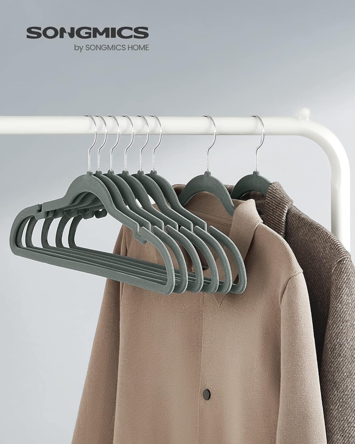 Clothes Hanger, Velvet Hanger, Coat Hanger, Non-Slip, with Shoulder Notches, Trouser Bar, 43 cm Long, Grey, SONGMICS, 7