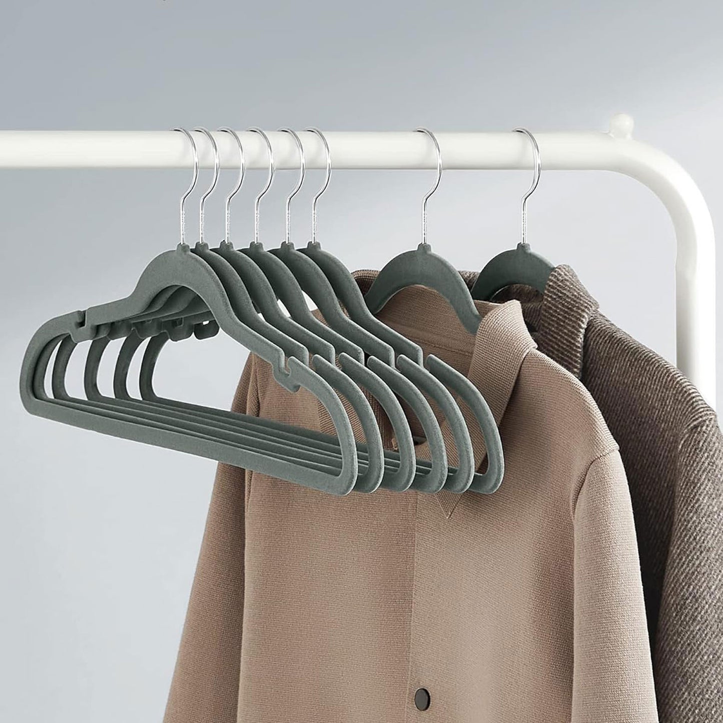 Clothes Hanger, Velvet Hanger, Coat Hanger, Non-Slip, with Shoulder Notches, Trouser Bar, 43 cm Long, Grey, SONGMICS, 1