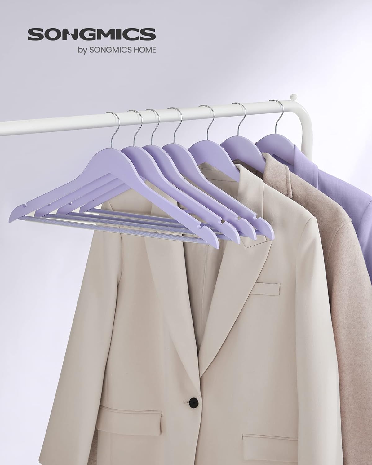 Clothes Hanger, Wooden Hanger, Coat Hanger, Solid Wood Hangers, Notches in the Shoulder Area, Purple/ Silver, SONGMICS, 9
