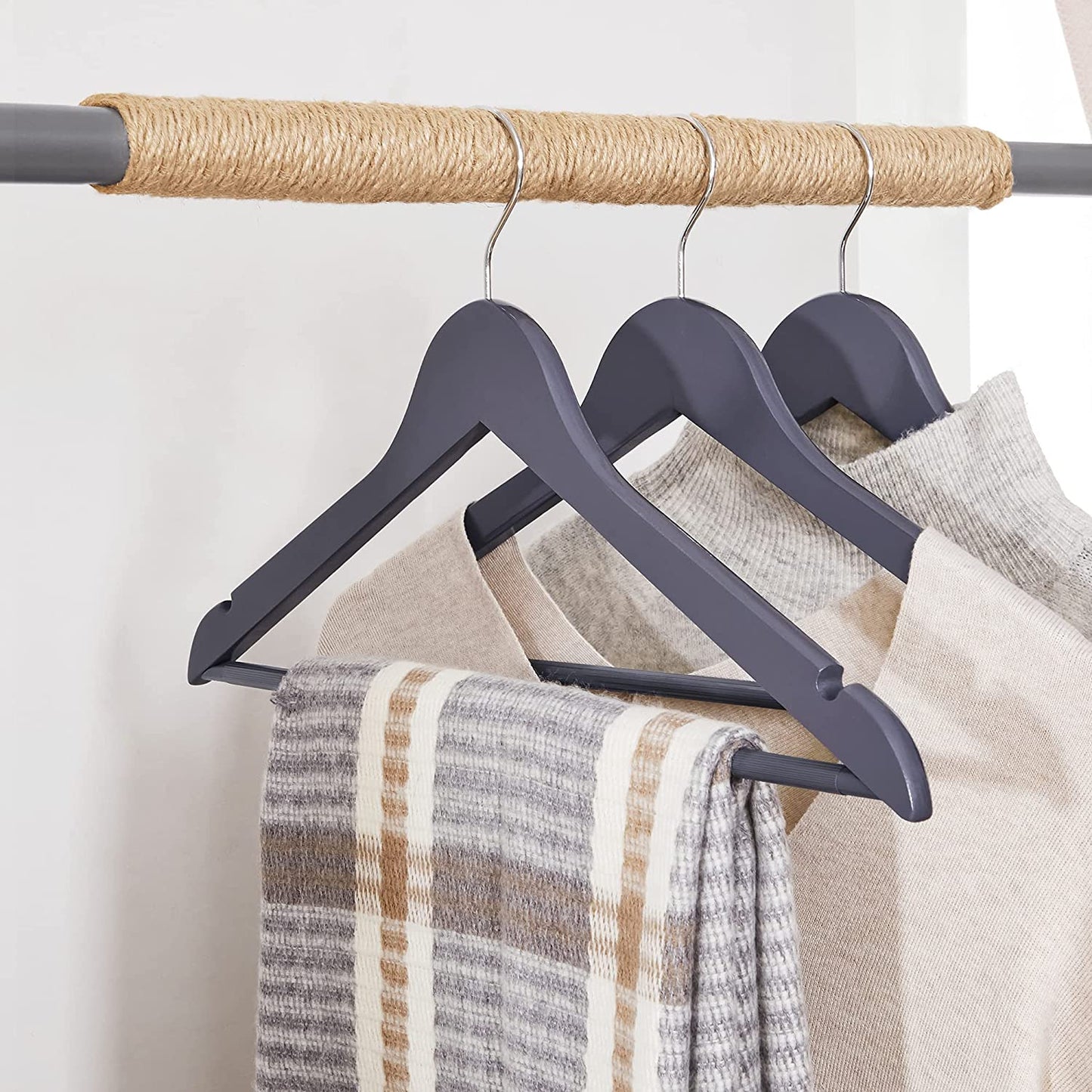 Clothes Hanger, Wooden Hanger, Coat Hanger, with Shoulder Notches, Anti-Slip Trousers Bar, Grey and Silver, SONGMICS, 2