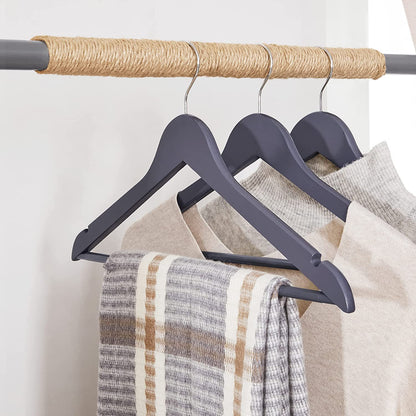 Clothes Hanger, Wooden Hanger, Coat Hanger, with Shoulder Notches, Anti-Slip Trousers Bar, Grey and Silver, SONGMICS, 2