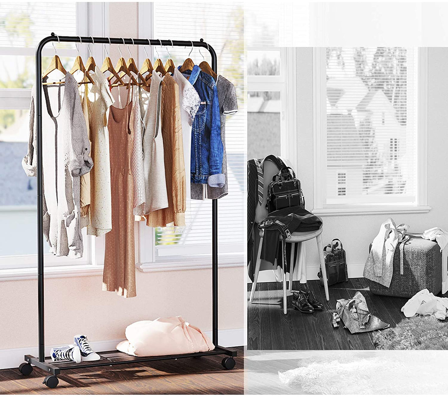 Clothes Rail, Coat Rack with Shoe Storage, Industrial Clothes Rail, Bar Load 40kg, Black, SONGMICS, 3