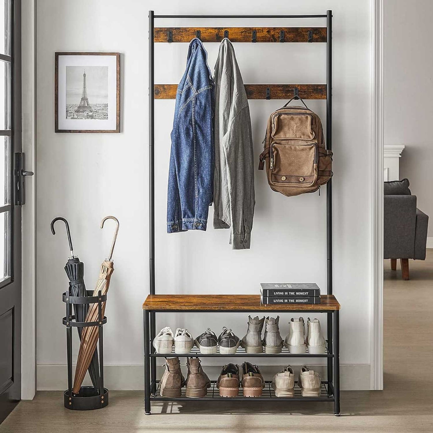 Clothes Rail, Hall Tree, Coat Rack, Coat Stand with Shoe Storage Bench, Hall Tree, Rustic Brown and Black, VASAGLE, 1
