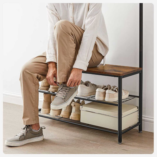 Clothes Rail, Hall Tree, Coat Rack, Coat Stand with Shoe Storage Bench, Hall Tree, Rustic Brown and Black, VASAGLE, 2