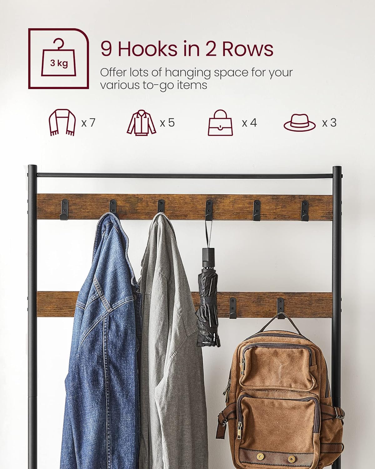 Clothes Rail, Hall Tree, Coat Rack, Coat Stand with Shoe Storage Bench, Hall Tree, Rustic Brown and Black, VASAGLE, 4