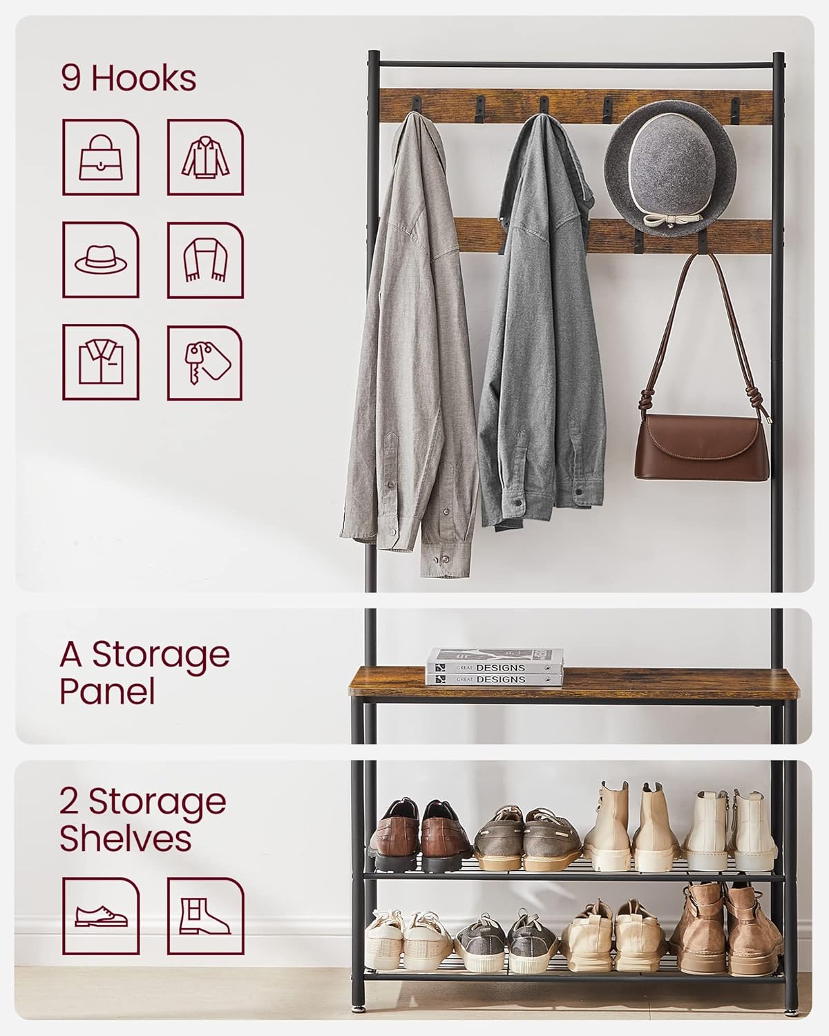 Clothes Rail, Hall Tree, Coat Rack, Coat Stand with Shoe Storage Bench, Hall Tree, Rustic Brown and Black, VASAGLE, 8