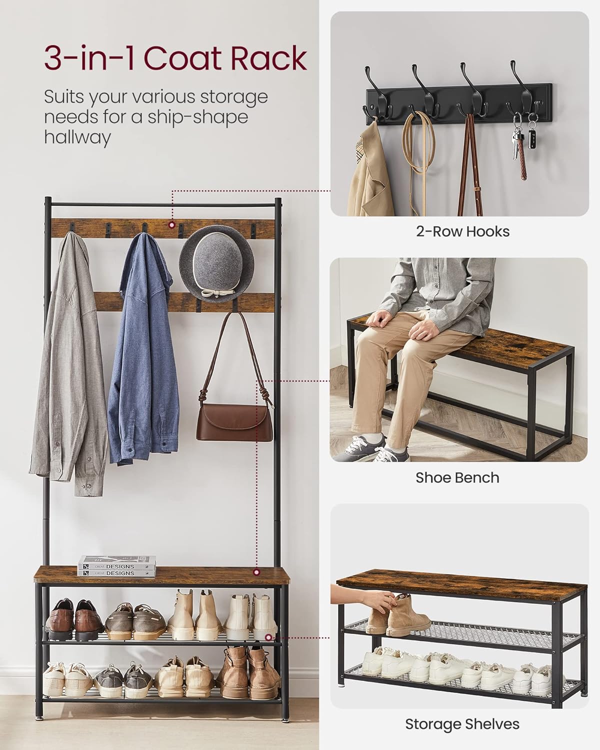 Clothes Rail, Hall Tree, Coat Rack, Coat Stand with Shoe Storage Bench, Hall Tree, Rustic Brown and Black, VASAGLE, 3