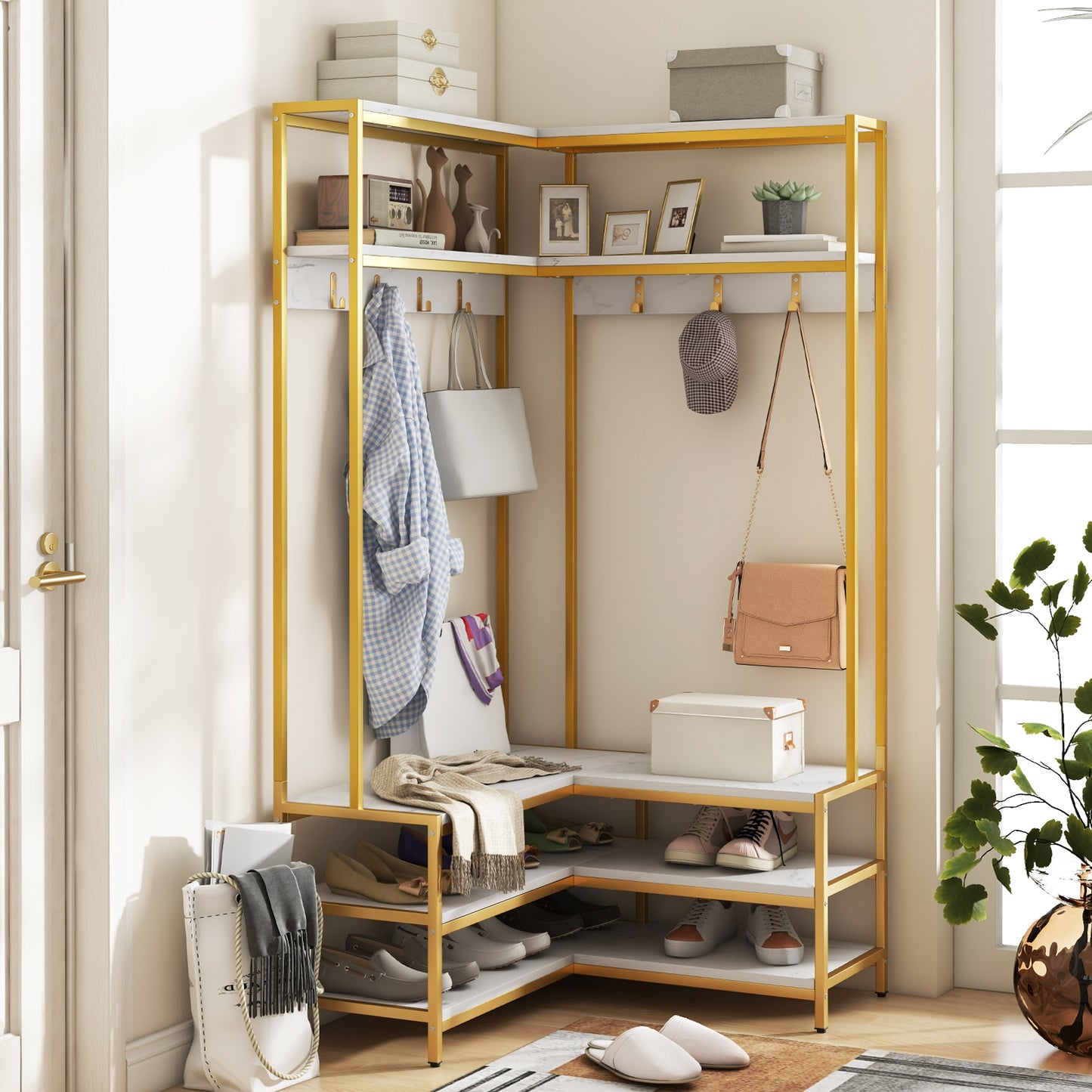 L-shaped Clothes Corner Garment Rack with Open Shelves and 7 Hooks-White, Costway, 2
