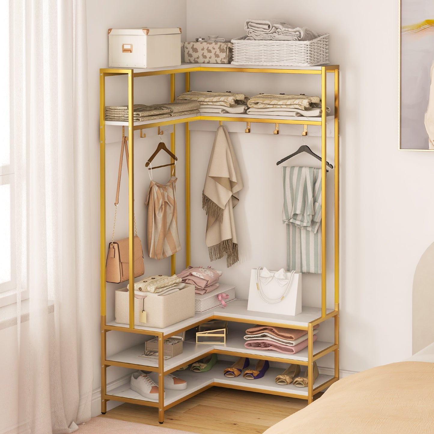 L-shaped Clothes Corner Garment Rack with Open Shelves and 7 Hooks-White, Costway, 3