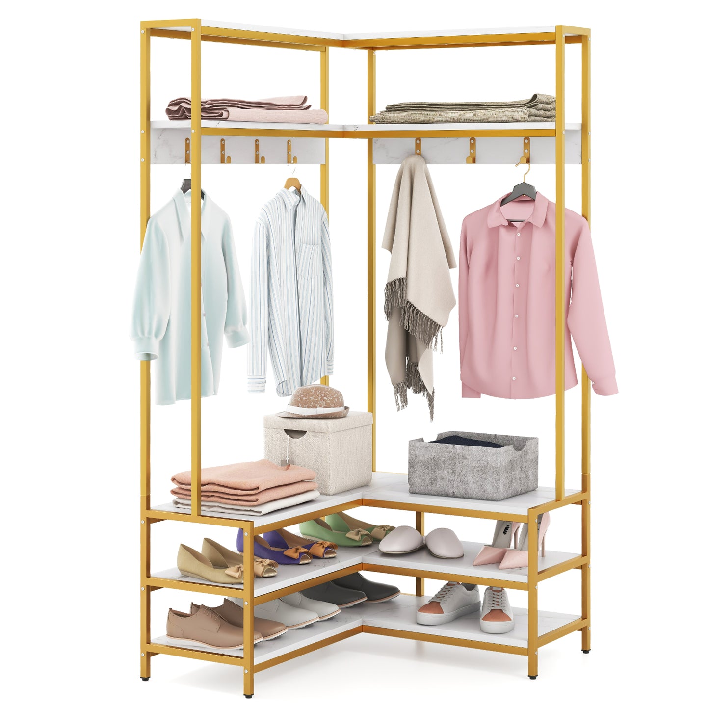 L-shaped Clothes Corner Garment Rack with Open Shelves and 7 Hooks-White, Costway, 1