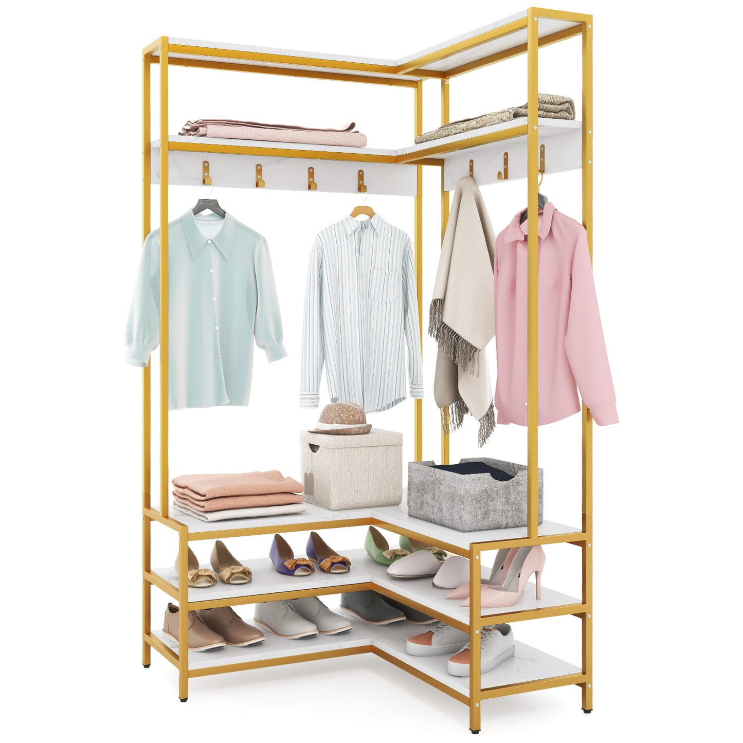 L-shaped Clothes Corner Garment Rack with Open Shelves and 7 Hooks-White, Costway, 4