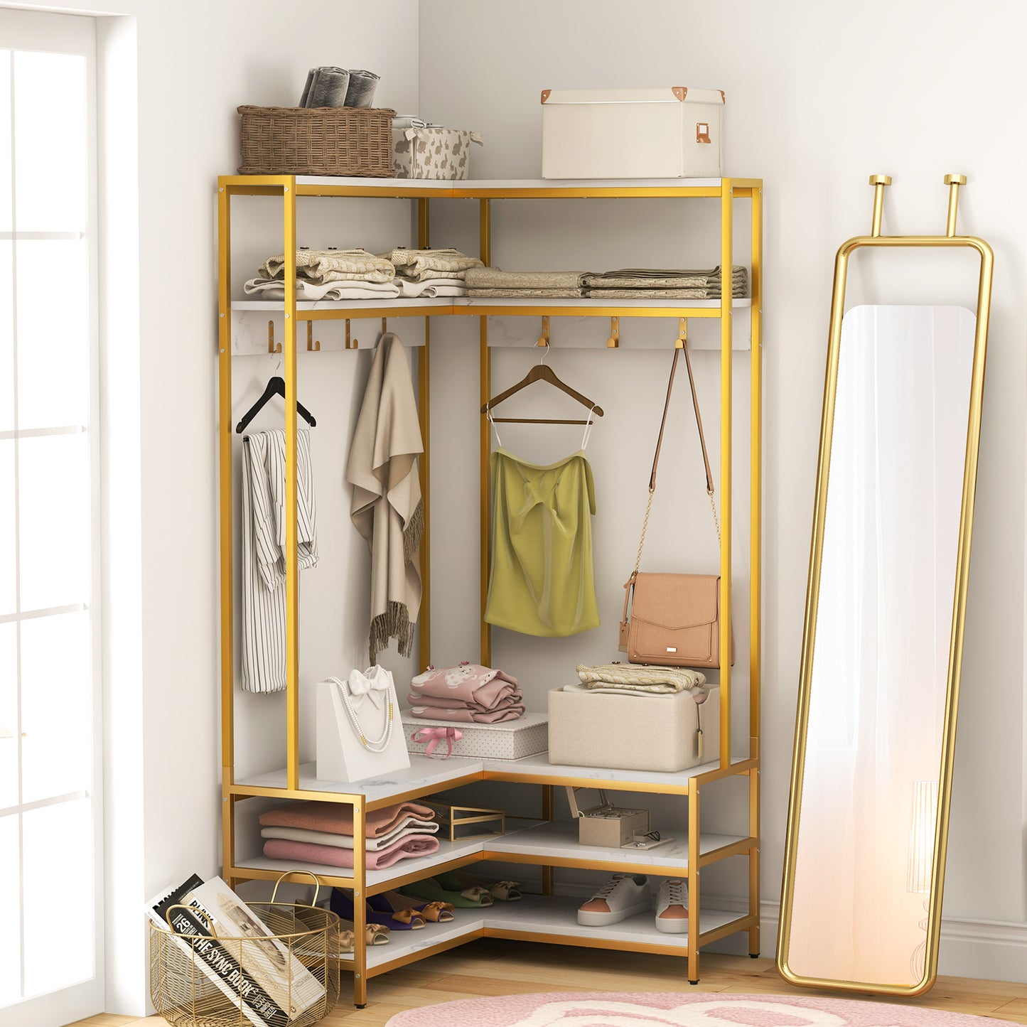 L-shaped Clothes Corner Garment Rack with Open Shelves and 7 Hooks-White, Costway, 6