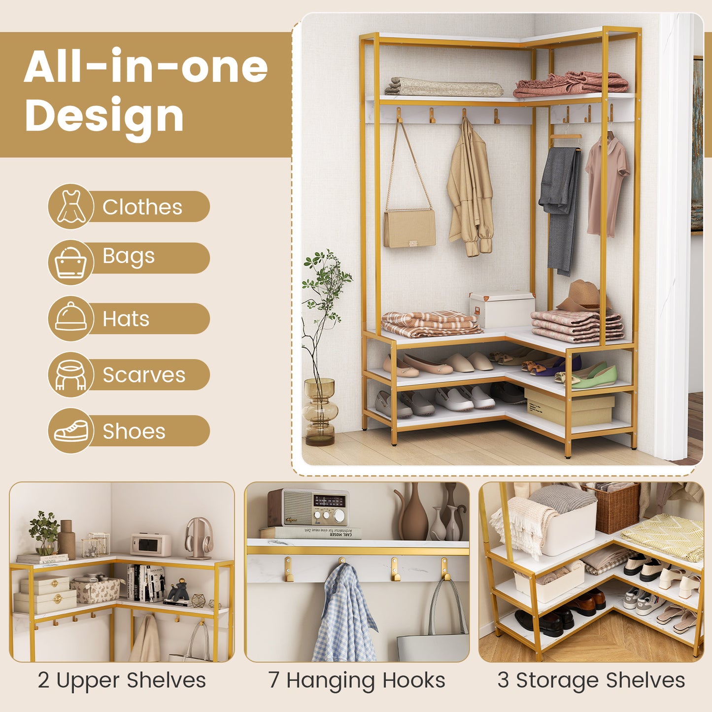L-shaped Clothes Corner Garment Rack with Open Shelves and 7 Hooks-White, Costway, 7