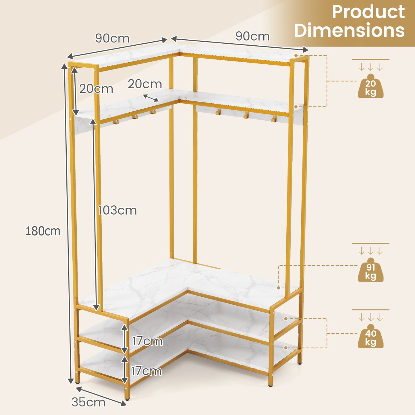 L-shaped Clothes Corner Garment Rack with Open Shelves and 7 Hooks-White, Costway, 5