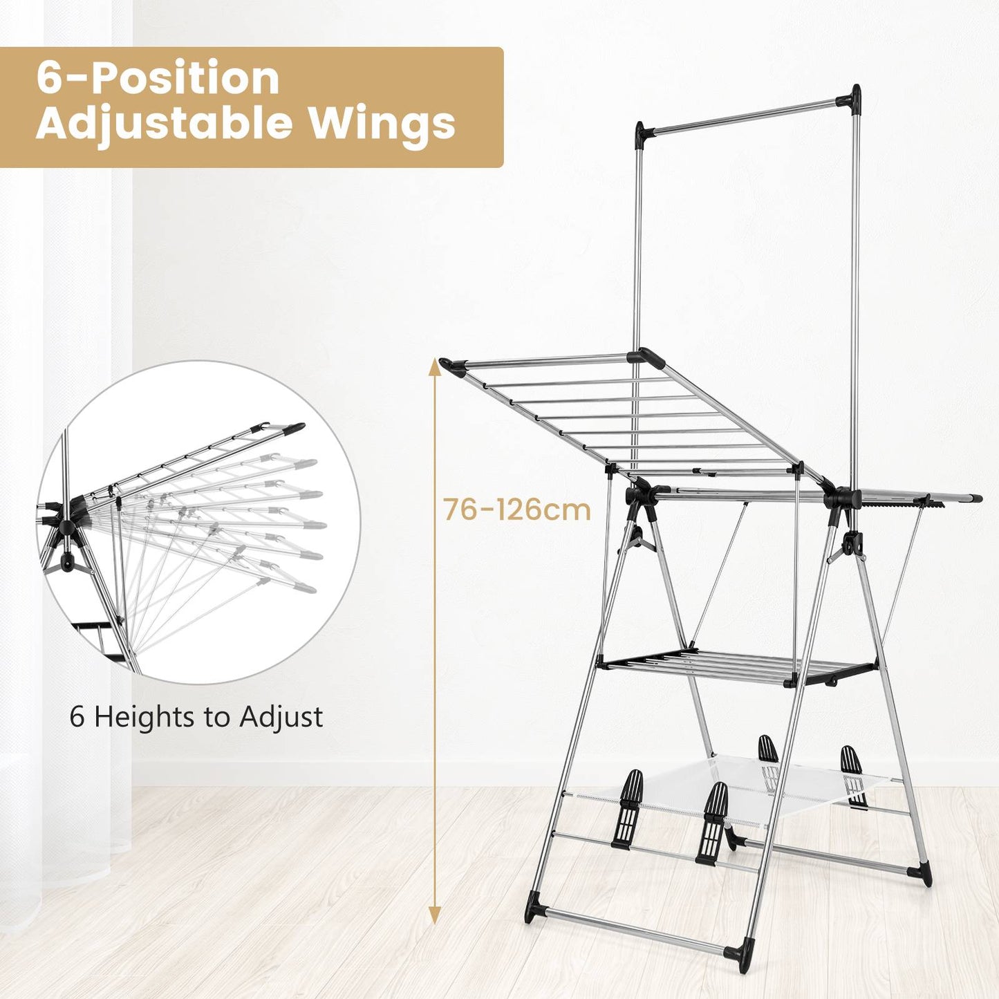 Clothes Drying Rack, Clothes Drying Rack with 6-Level Adjustable Height, Silver, Costway, 2