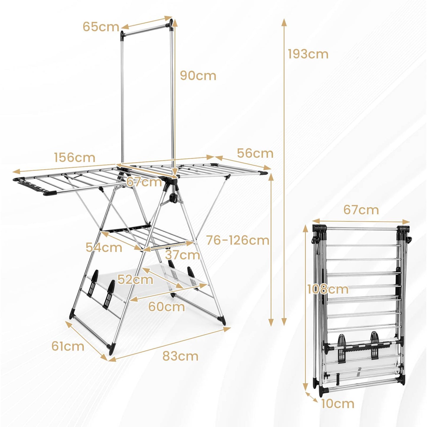 Clothes Drying Rack, Clothes Drying Rack with 6-Level Adjustable Height, Silver, Costway, 3
