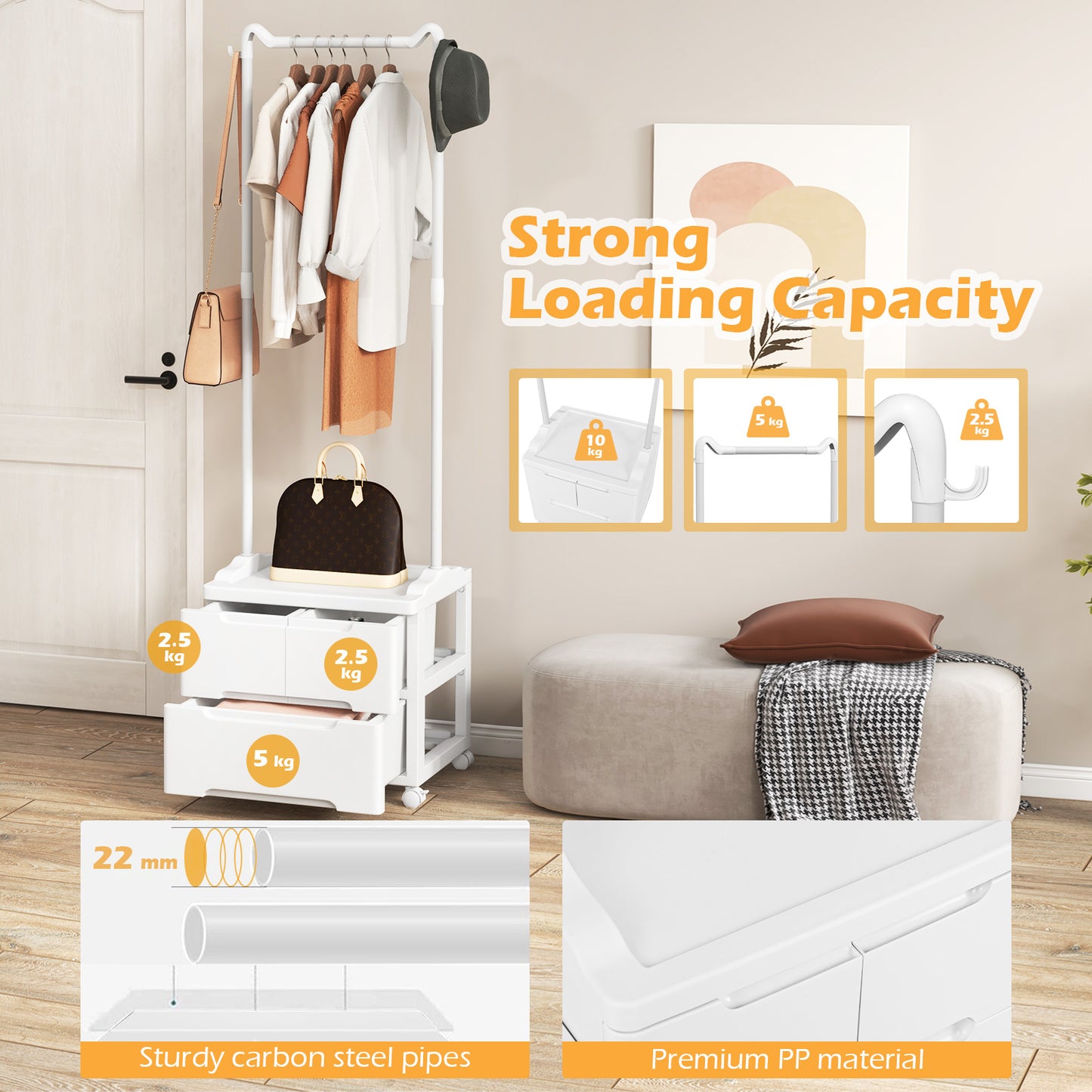 Clothing Rack with Drawers Rolling Garment Rack with Side Hooks-White, Costway, 7