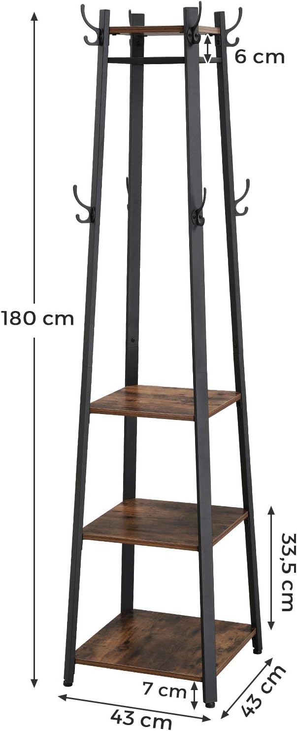 Coat Rack, Coat Stand with 3 Shelves, Ladder Shelf with Hooks for Scarves, Rustic Brown and Black, VASAGLE , 4