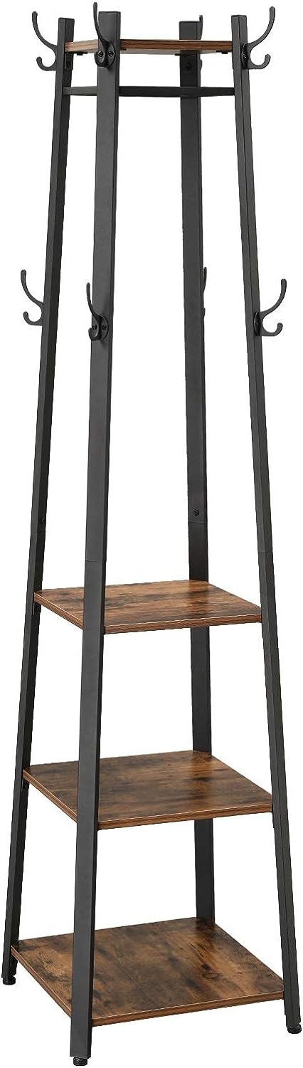 Coat Rack, Coat Stand with 3 Shelves, Ladder Shelf with Hooks for Scarves, Rustic Brown and Black, VASAGLE