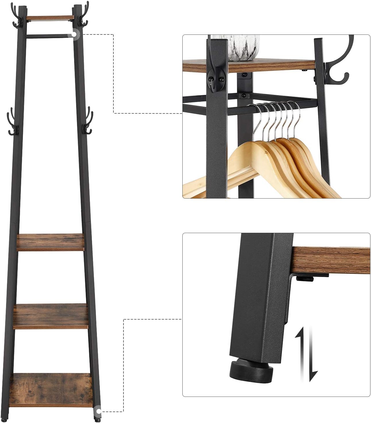 Coat Rack, Coat Stand with 3 Shelves, Ladder Shelf with Hooks for Scarves, Rustic Brown and Black, VASAGLE , 5