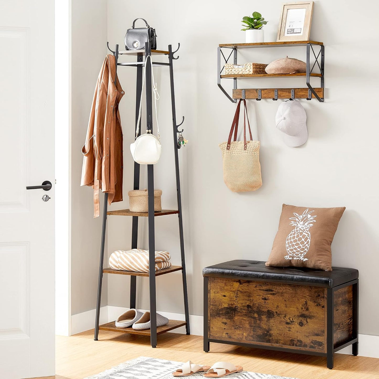 Coat Rack, Coat Stand with 3 Shelves, Ladder Shelf with Hooks for Scarves, Rustic Brown and Black, VASAGLE , 1