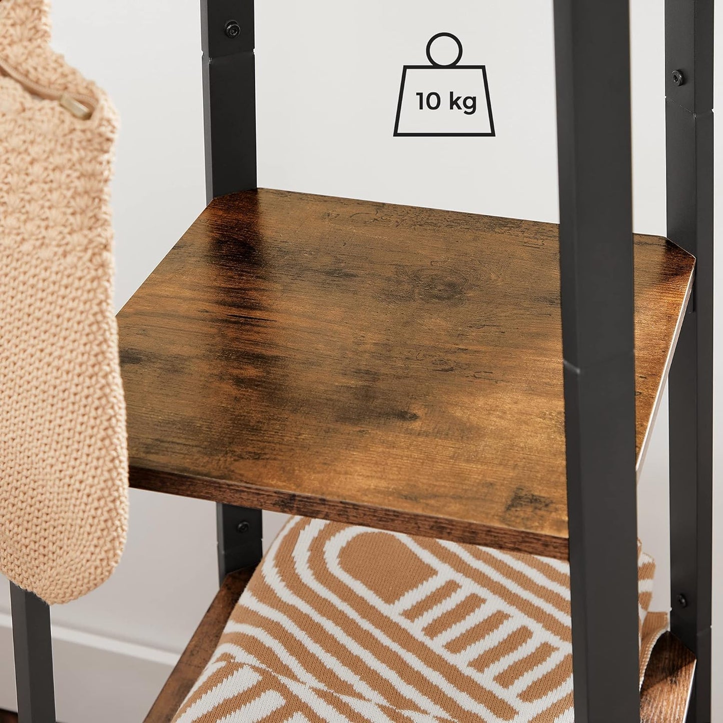 Coat Rack, Coat Stand with 3 Shelves, Ladder Shelf with Hooks for Scarves, Rustic Brown and Black, VASAGLE , 7