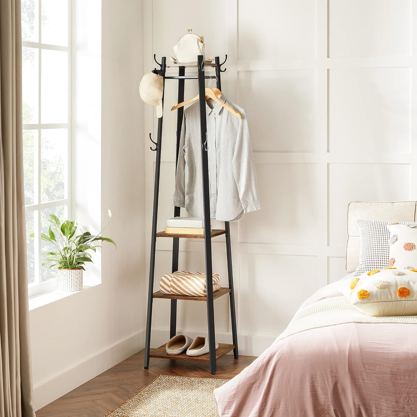 Coat Rack, Coat Stand with 3 Shelves, Ladder Shelf with Hooks for Scarves, Rustic Brown and Black, VASAGLE , 3