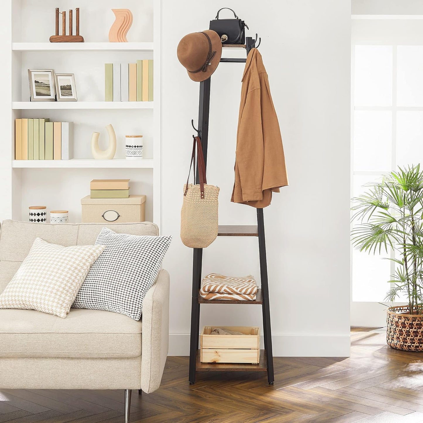 Coat Rack, Coat Stand with 3 Shelves, Ladder Shelf with Hooks for Scarves, Rustic Brown and Black, VASAGLE , 2